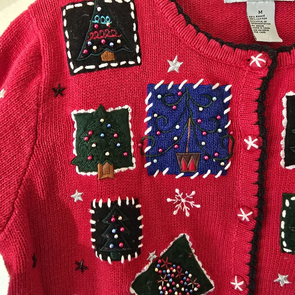 VTG Women's Sz Medium Button Up Christmas Ugly Sweater Ramie Cotton Boxy *Flawed - Picture 4 of 15